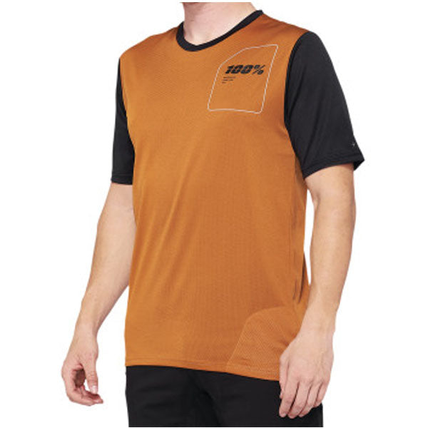 Studio photo showcasing 100%, Ridecamp Jersey (MTB), SKU 51200228, color options Charcoal/Black, Terracotta/Black, Blue/Navy, sizes SM, MD, LG, XL, Designed for Mountain Bike, BMX and E-Bike riders