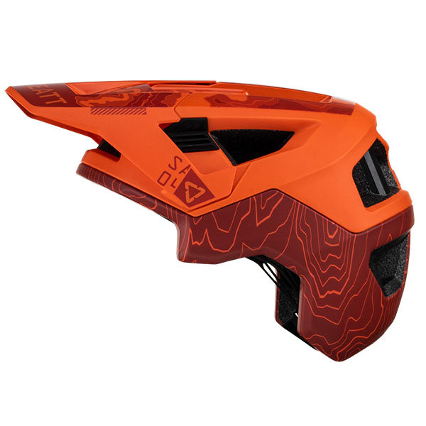 Product photo showing Leatt, V23 AllMtn 4.0 Helmet, Colors: Flame, Pine, Stealth, Titanium, Sizes: LG, MD, SM