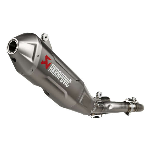 Studio photo on a white background of Akrapovic - Evolution Line Titanium Complete Exhaust Systems; showing overall shape and visible design details