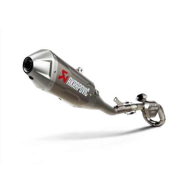 Clean studio shot of Akrapovic - Evolution Line Titanium Complete Exhaust Systems; showing overall shape and visible design details; SKU 18201991