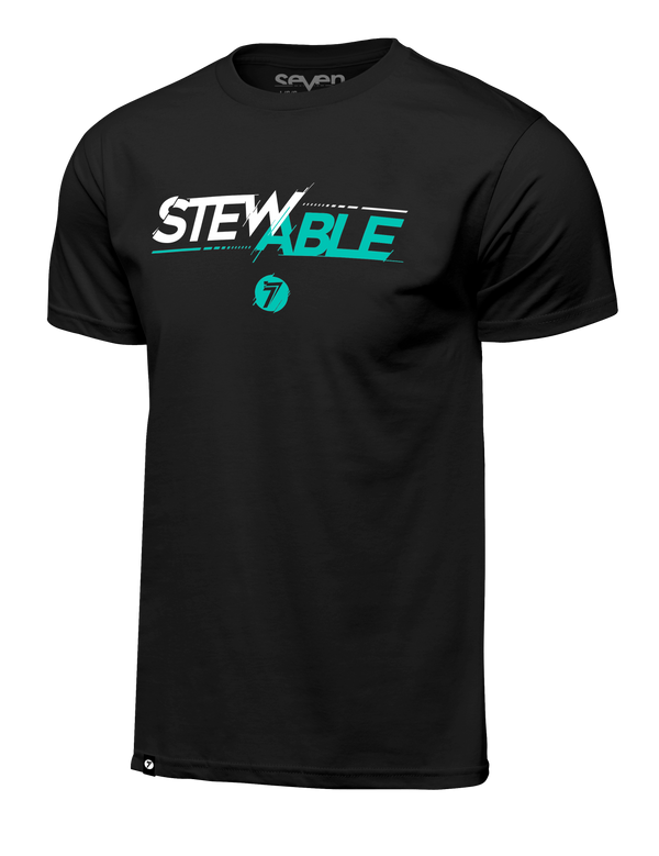 Studio photo on a white background of Seven MX Stewable Tee; showing tee fit, printed graphics, and crew neckline; SKU 1500080-001-S; Colors: BLACK, BLUE
