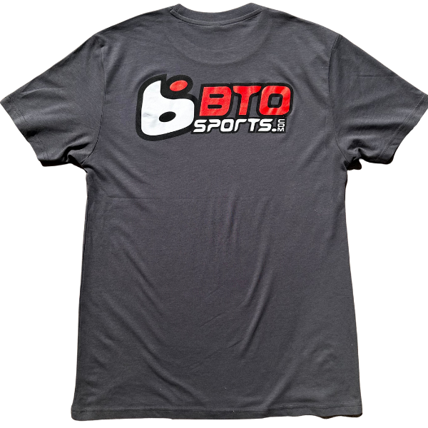 Professional studio photo of BTO Sports Simple Tee Shirt; showing tee fit, printed graphics, and crew neckline; SKU BTO-SIMPLE-BLK-S; Colors: Black, Gray