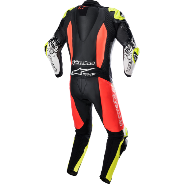 Professional studio photo of Alpinestars, GP Tech V4 Leather Race Suit, showing overall shape and visible design details, Colors: Black/Blue/Yellow Fluo, Black/Red/Yellow Fluo, Black/White, SKU 280115