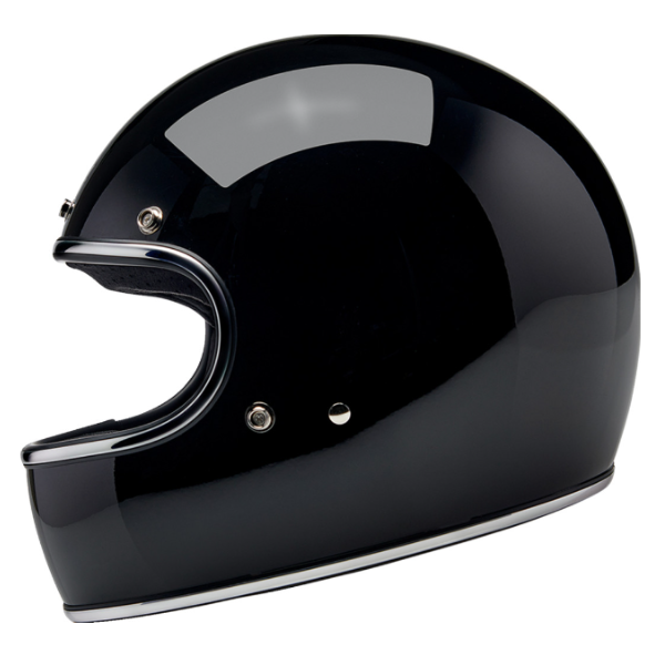 Studio image on a white background of Biltwell, Gringo Helmet, Biltwell, motorcycle helmet, black, showing smooth shell profile, ventilation ports, and padded chin strap for rider comfort. SKU '010116303., Colors: Black, Flat Black, Metallic Grape, SKU 0101163
