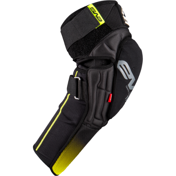 Studio product photo on a white background of EVS, TP199 Knee/Shin Guards, side view, Colors: Black/Hi Vis, SKU 663-1438S