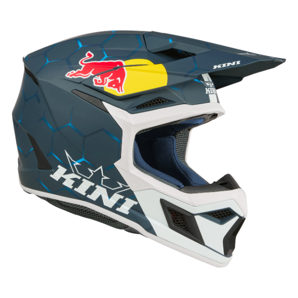 Clean studio photo on a white background of O'Neal, Kini Red Bull MX3 1.0 Helmet, SKU K0603-003, color options Blue/White, sizes XS–2X