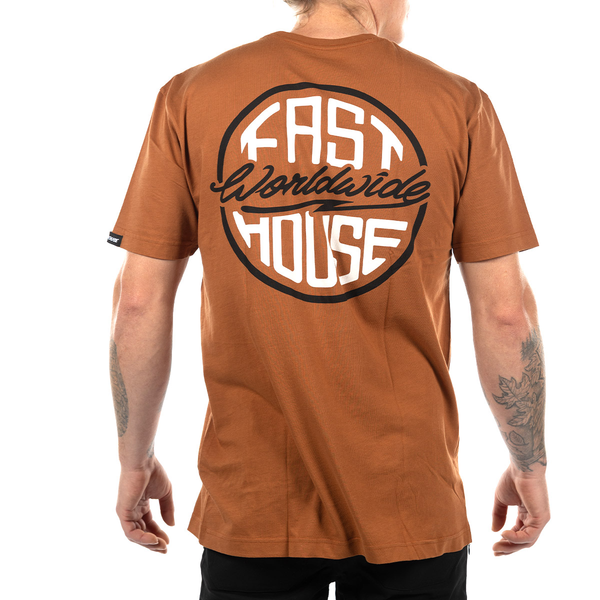 Fasthouse Squall Tee in Rust, model wearing back view