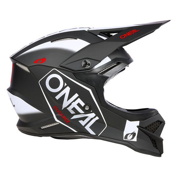 Studio product photo on a neutral background of O'Neal, 3 Series Hexx V.23 Helmet, SKU 0627-284, color options Black/White, Blue/Orange, sizes XS–2X