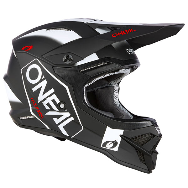 Detailed studio photograph of O'Neal, 3 Series Hexx V.23 Helmet, SKU 0627-283, color options Black/White, Blue/Orange, sizes XS–2X