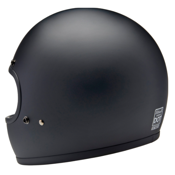 High-resolution studio image of Biltwell, Gringo Helmet, Biltwell, motorcycle helmet, black, showing smooth shell profile, ventilation ports, and padded chin strap for rider comfort. SKU '010116316., side view, Colors: Black, Flat Black, Metallic Grape, SKU 0101163