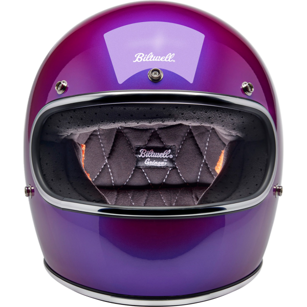 High-resolution studio image of Biltwell, Gringo Helmet, Biltwell, motorcycle helmet, metallic, angled view, showing smooth shell profile, ventilation ports, and padded chin strap for rider comfort. SKU '010116322., rear view, Colors: Black, Flat Black, Metallic Grape, SKU 0101163