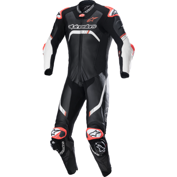 Professional studio photo of Alpinestars, GP Tech V4 Leather Race Suit, showing overall shape and visible design details, Colors: Black/Blue/Yellow Fluo, Black/Red/Yellow Fluo, Black/White, SKU 280115