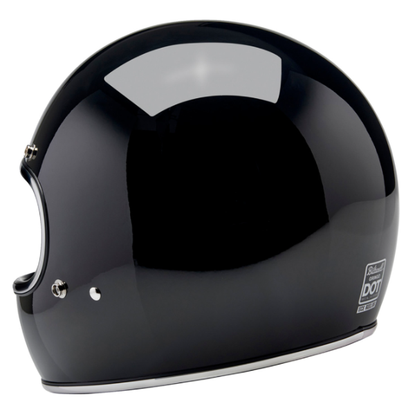 Clean studio shot of Biltwell, Gringo Helmet, Biltwell, motorcycle helmet, black, showing smooth shell profile, ventilation ports, and padded chin strap for rider comfort. SKU '010116304., Colors: Black, Flat Black, Metallic Grape, SKU 0101163