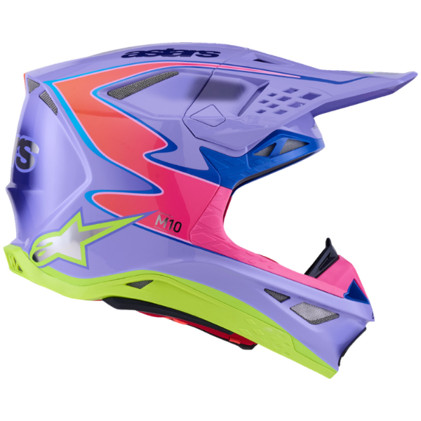 482-00195X, Alpinestars, Supertech M10 Jett Lawrence R01 Helmet, Purple/Pink Fluo/Yellow Fluo Glossy, Sizes XS, SM, MD, LG, XL product photo