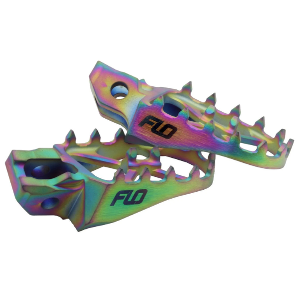 High-resolution studio image of Flo Motorsports - Pro Series Titanium Footpegs; showing overall shape and visible design details; SKU 122-8026T