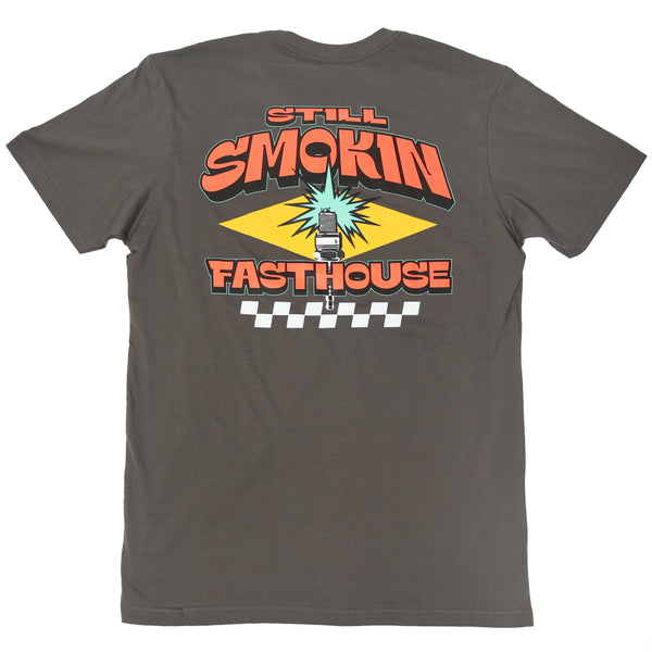 High-resolution studio image of Fasthouse 4 Ever 2 Smokin Tee; showing tee fit, printed graphics, and crew neckline; SKU 3610110904; Sizes: S-3XL