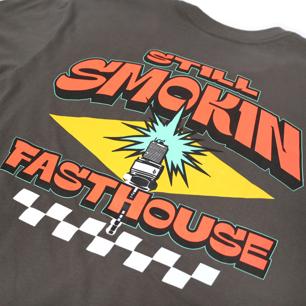 Clean studio shot of Fasthouse 4 Ever 2 Smokin Tee; showing tee fit, printed graphics, and crew neckline; SKU 3610110904; Colors: White, Heavy Metal