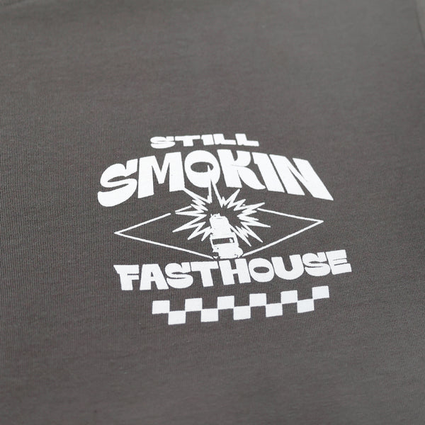 Studio photo on a white background of Fasthouse 4 Ever 2 Smokin Tee; showing tee fit, printed graphics, and crew neckline; SKU 3610110904; Sizes: S-3XL