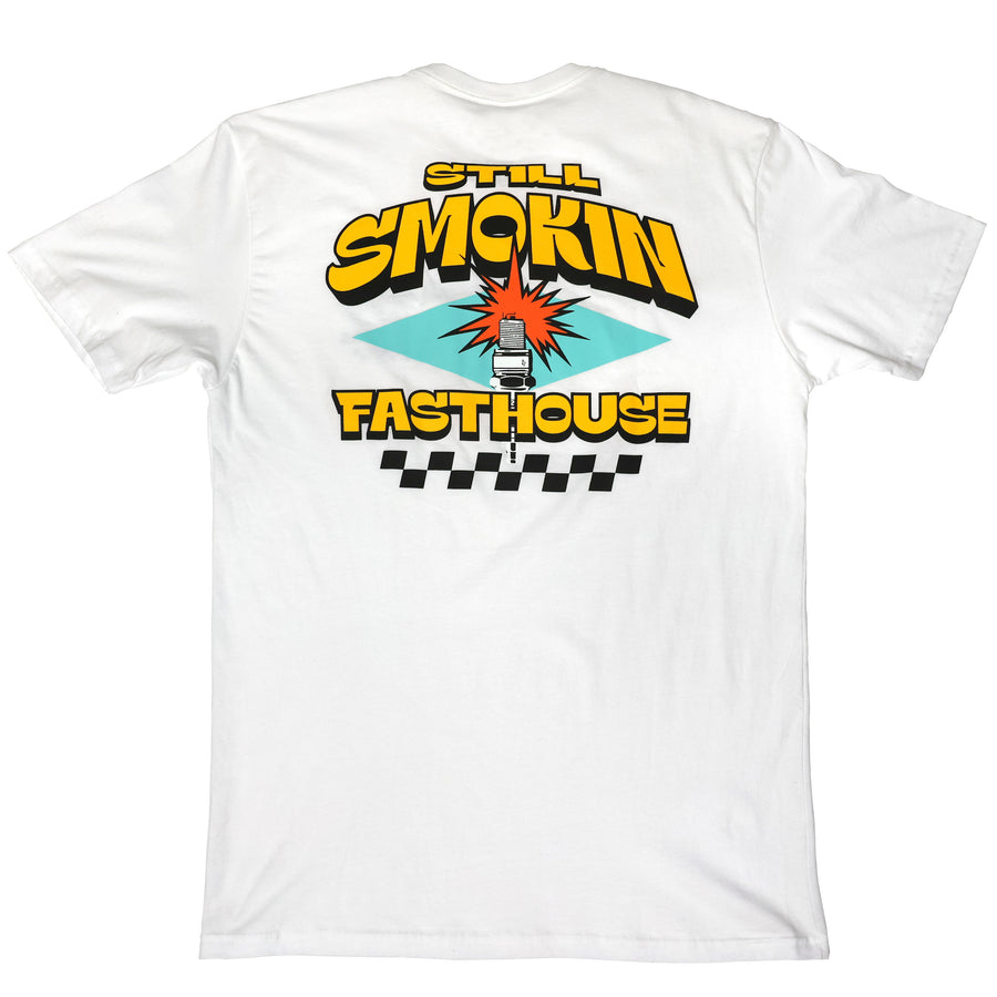 Studio photo on a white background of Fasthouse 4 Ever 2 Smokin Tee; showing tee fit, printed graphics, and crew neckline; SKU 3610110904; Sizes: S-3XL