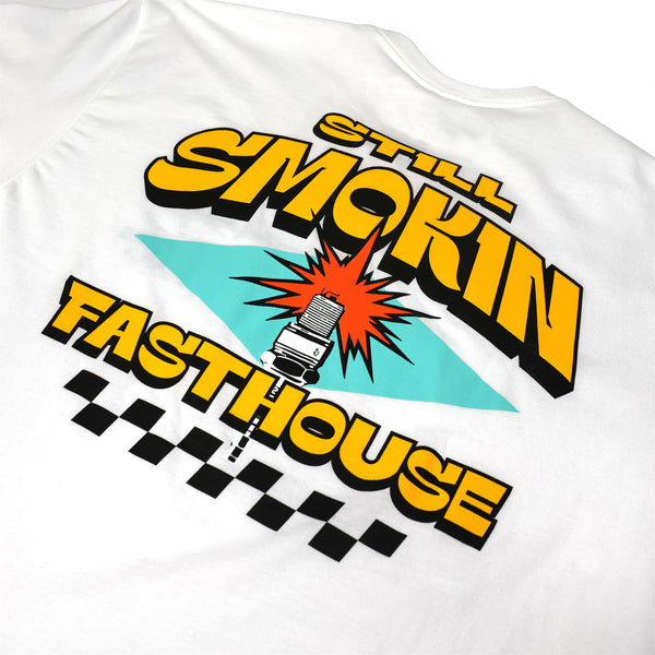 Professional studio photo of Fasthouse 4 Ever 2 Smokin Tee; showing tee fit, printed graphics, and crew neckline; SKU 3610110904; Sizes: S-3XL
