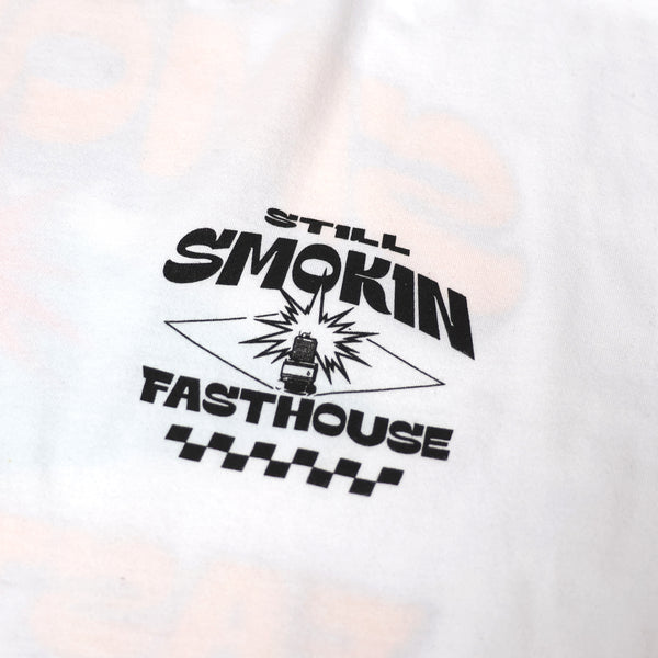 Clean studio shot of Fasthouse 4 Ever 2 Smokin Tee; showing tee fit, printed graphics, and crew neckline; SKU 3610110904; Colors: White, Heavy Metal