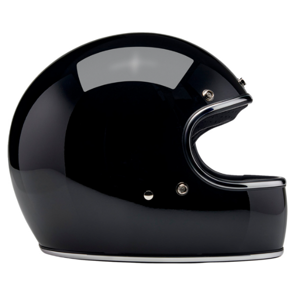 Clean studio shot of Biltwell, Gringo Helmet, Biltwell, motorcycle helmet, black, angled view, showing smooth shell profile, ventilation ports, and padded chin strap for rider comfort. SKU '010116305., Colors: Black, Flat Black, Metallic Grape, SKU 0101163