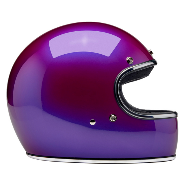 Clean studio shot of Biltwell, Gringo Helmet, Biltwell, motorcycle helmet, metallic, angled view, showing smooth shell profile, ventilation ports, and padded chin strap for rider comfort. SKU '010116323., front view, Colors: Black, Flat Black, Metallic Grape, SKU 0101163