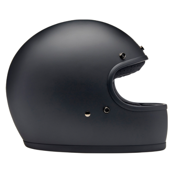 Studio product photo on a white background of Biltwell, Gringo Helmet, Biltwell, motorcycle helmet, black, showing smooth shell profile, ventilation ports, and padded chin strap for rider comfort. SKU '010116317., front view, Colors: Black, Flat Black, Metallic Grape, SKU 0101163
