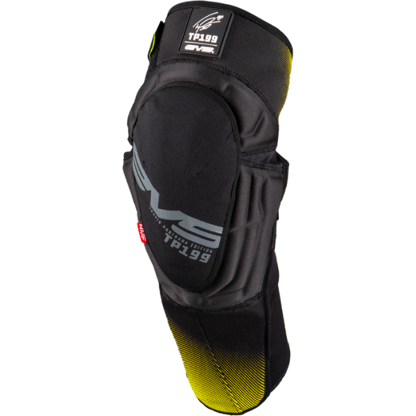 High-resolution studio image of EVS, TP199 Knee/Shin Guards (Youth), rear view, Colors: Black/Hi Vis, SKU 663-1438Y
