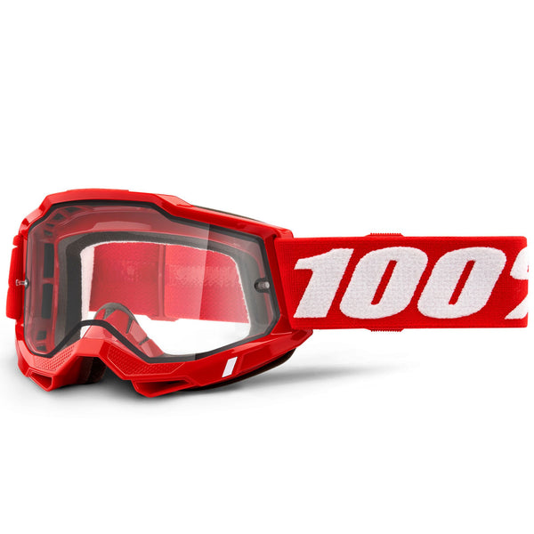 Studio photo showcasing 100%, Accuri 2.0 Enduro Moto Goggle (Clear Dual Lens), Goggles, SKU 26012847, color options Black, Blue, Red, Fluo Yellow, Neon Orange, Blue/White