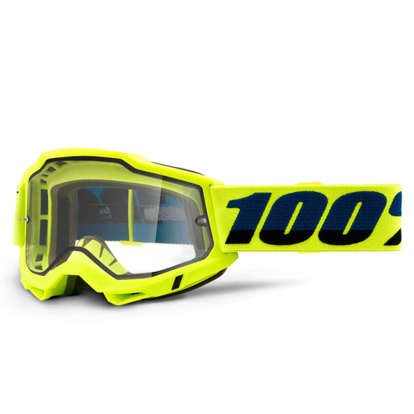 Detailed studio photograph of 100%, Accuri 2.0 Enduro Moto Goggle (Clear Dual Lens), Goggles, SKU 26012848, color options Black, Blue, Red, Fluo Yellow, Neon Orange, Blue/White