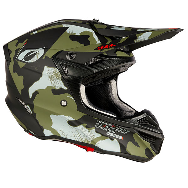 Studio product photo on a neutral background of O'Neal, 5 Series Camo V.23 Helmet, SKU 0628-243, color options Green/Black, Black/Grey, sizes XS–2X