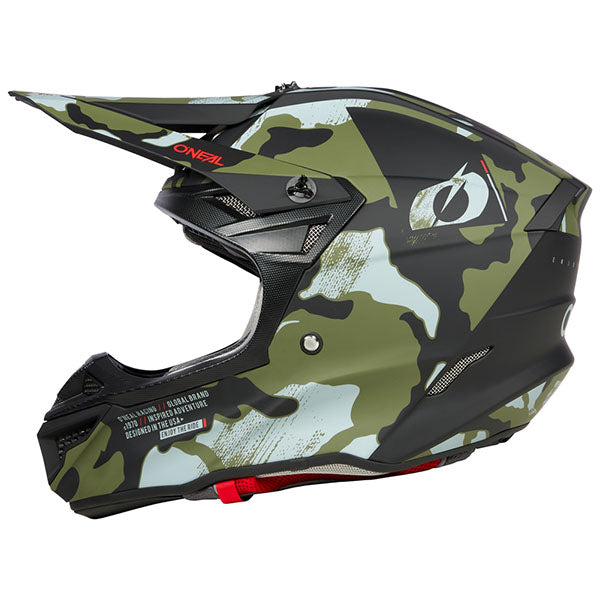 Studio image highlighting O'Neal, 5 Series Camo V.23 Helmet, SKU 0628-242, color options Green/Black, Black/Grey, sizes XS–2X