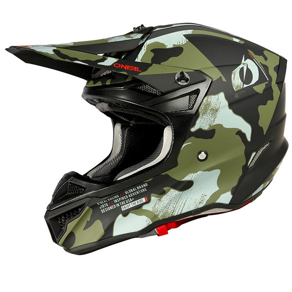 Detailed studio photograph of O'Neal, 5 Series Camo V.23 Helmet, SKU 0628-231, color options Green/Black, Black/Grey, sizes XS–2X