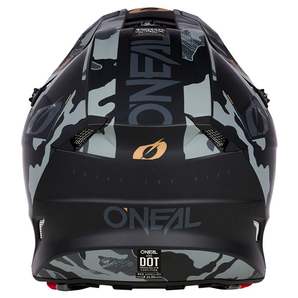 Studio image highlighting O'Neal, 5 Series Camo V.23 Helmet, SKU 0628-236, color options Green/Black, Black/Grey, sizes XS–2X