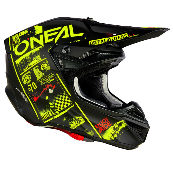 High-resolution studio image of O'Neal, 5 Series Attack V.23 Helmet, SKU 0628-183, color options Black/Neon, Black/White, sizes XS–2X