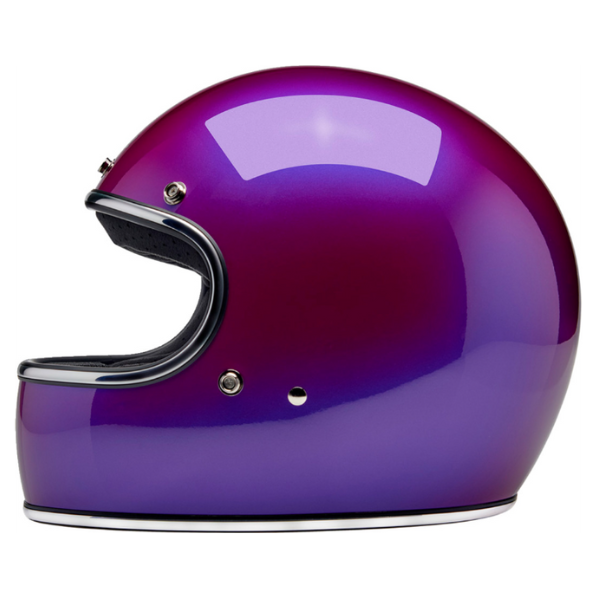 Clean studio shot of Biltwell, Gringo Helmet, Biltwell, motorcycle helmet, metallic, angled view, showing smooth shell profile, ventilation ports, and padded chin strap for rider comfort. SKU '010116324., Colors: Black, Flat Black, Metallic Grape, SKU 0101163