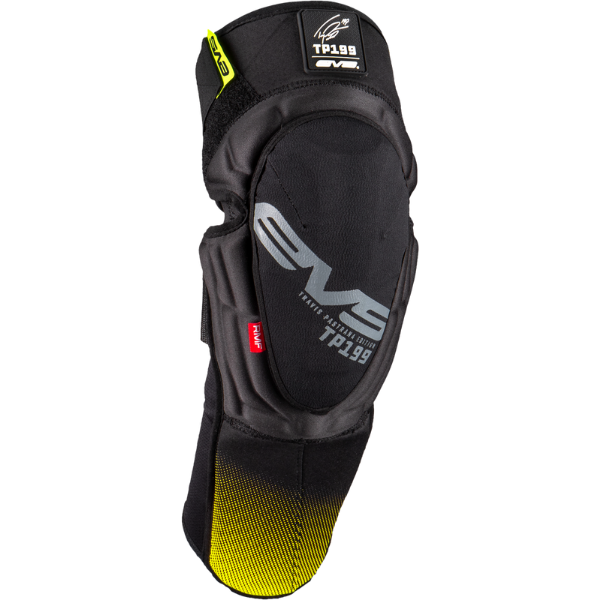 Studio product photo on a white background of EVS, TP199 Knee/Shin Guards, side view, Colors: Black/Hi Vis, SKU 663-1438S