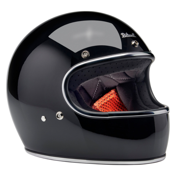 Product photo on a clean white background of Biltwell, Gringo Helmet, Biltwell, motorcycle helmet, black, showing smooth shell profile, ventilation ports, and padded chin strap for rider comfort. SKU '010116306., Colors: Black, Flat Black, Metallic Grape, SKU 0101163
