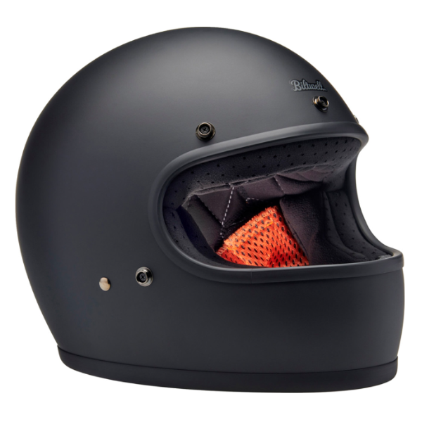 Professional studio photo of Biltwell, Gringo Helmet, Biltwell, motorcycle helmet, black, showing smooth shell profile, ventilation ports, and padded chin strap for rider comfort. SKU '010116318., Colors: Black, Flat Black, Metallic Grape, SKU 0101163