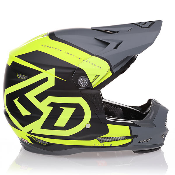 6D helmet yellow neon angled view — with ODS impact management for angular and linear energy, ventilated and lightweight, SKU 11-6523.