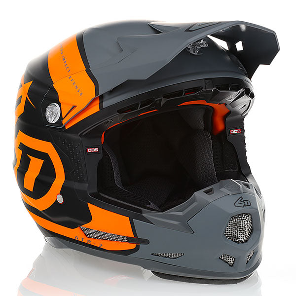 6D helmet orange neon product view — with ODS impact management for angular and linear energy, ventilated and lightweight, SKU 11-6503.