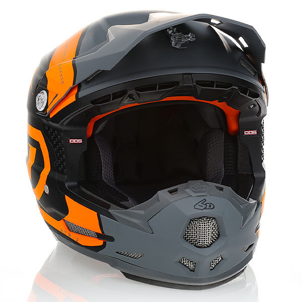 6D helmet orange neon product view — with ODS impact management for angular and linear energy, ventilated and lightweight, SKU 11-6510.