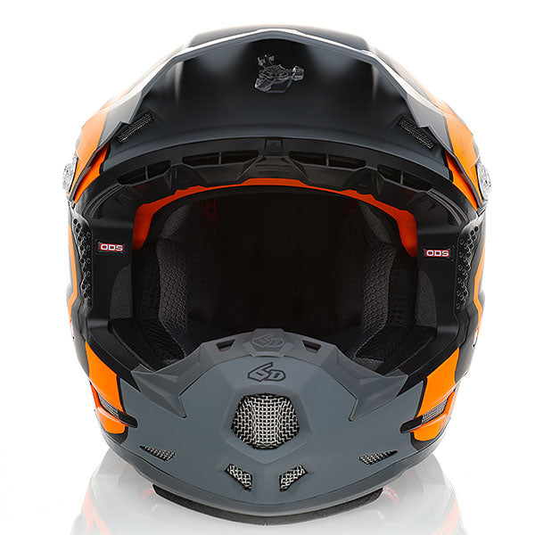 6D helmet orange neon product view — with ODS impact management for angular and linear energy, ventilated and lightweight, SKU 11-6511.