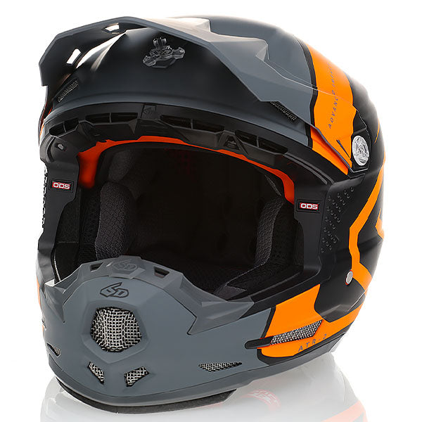 6D helmet orange neon angled view — with ODS impact management for angular and linear energy, ventilated and lightweight, SKU 11-6520.