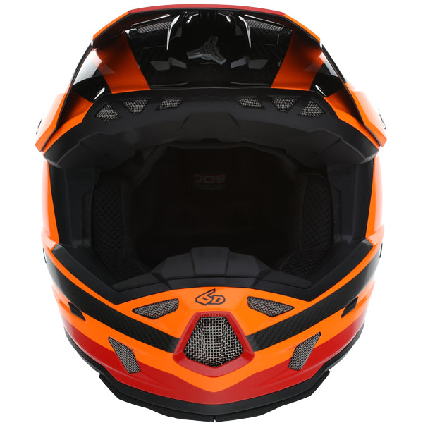 Image of 6D, ATR-3 Pure Helmet, SKU 13-07, Colors: Gloss White, Gloss Orange, Gloss Cyan Blue, Sizes: XS to 2X, Available at BTO Sports, front view, showing helmet shell shape, vent layout, and exterior graphics