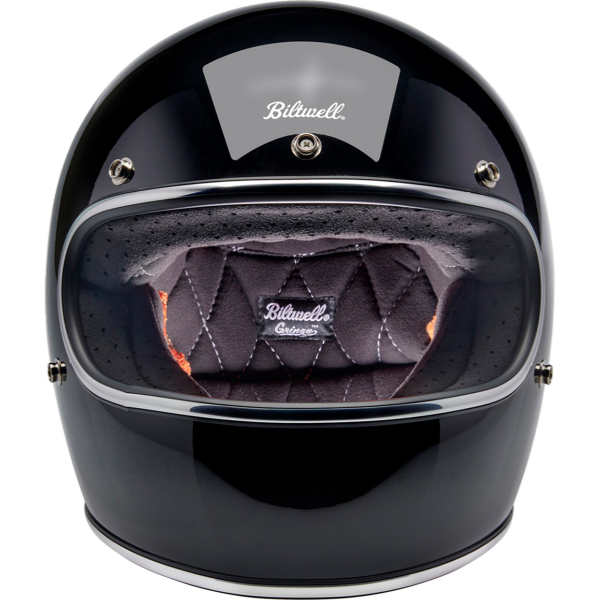 Professional studio photo of Biltwell, Gringo Helmet, Biltwell, motorcycle helmet, black, showing smooth shell profile, ventilation ports, and padded chin strap for rider comfort. SKU '010116307., side view, Colors: Black, Flat Black, Metallic Grape, SKU 0101163