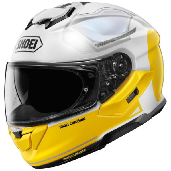 Clean studio shot of Shoei, GT-Air 3 Mike Helmet, showing helmet shell shape, vent layout, and exterior graphics, Colors: Blue/Red TC-2, Yellow/White TC-3, Black/Green TC-4, White/Black TC-6, SKU 0121170203