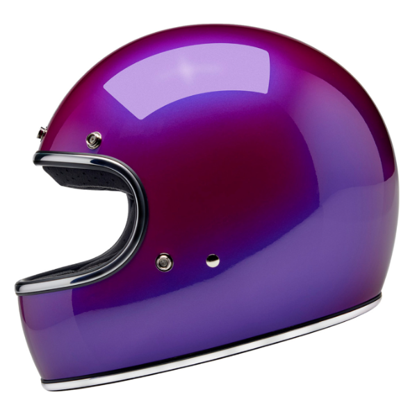 Studio image on a white background of Biltwell, Gringo Helmet, Biltwell, motorcycle helmet, metallic, angled view, showing smooth shell profile, ventilation ports, and padded chin strap for rider comfort. SKU '010116325., Colors: Black, Flat Black, Metallic Grape, SKU 0101163