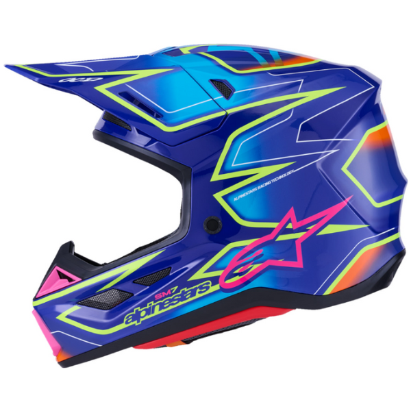 482-00193S, Alpinestars, S-M7 Cast Helmet, Blue/Pink/Yellow Fluo Glossy, Sizes XS, SM, MD, LG, XL product photo